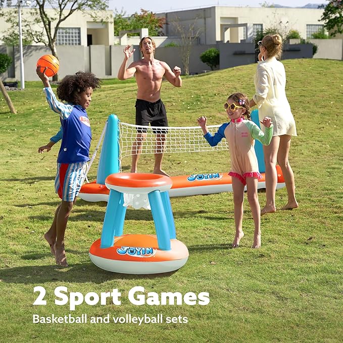 JOYIN XL Inflatable Pool Float Set, 125'' Volleyball Net & Basketball Hoops, Extra Large Floating Swimming Game Toy for Kids and Adults, Summer Floaties, Volleyball Court|Basketball, XL-Orange