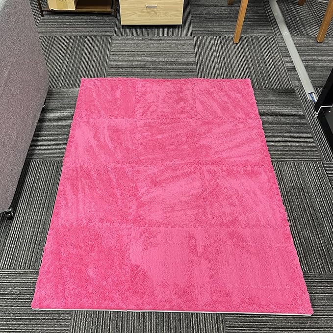 Interlocking Carpet Shaggy Soft EVA Foam Mats Fluffy Area Rugs Protective Floor Tiles Exercise Play Mat for Children Kids Room Home Parlor Bedroom (12 Pcs, Rose)