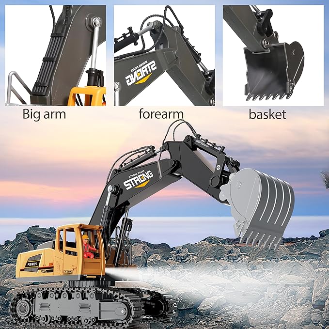 Remote-Control-Excavator-Construction Toys for Boys,RC Excavator Toy with Metal Shovel,Sound & Light,6CH 2.4Ghz Excavator Toys for Boys 3-5 4-7 8-12 Year Old Kids 2025 Christmas Birthday Gift,30+Mins