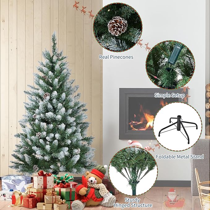 2025 Christmas Pre-Lit Pencil Tree 6FT with Lights, Automatic White Spray Artificial Xmas Tree with Pinecone, Decor for Christmas Holiday