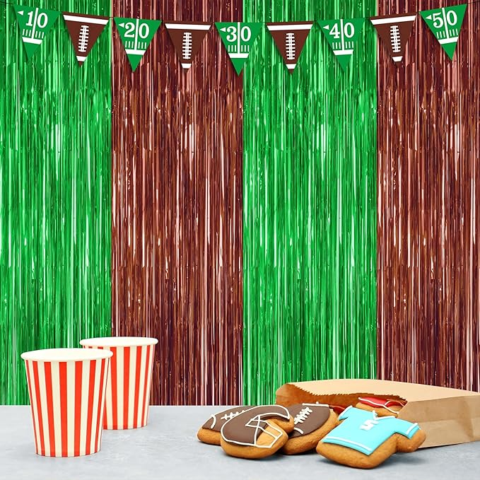 2 Pack Football Party Decorations, 3.28 FT x 7.05 FT Tinsel Backdrop, Brown Green Foil Fringe Curtains Metallic Party Streamer, Football Party Supplies Game Day Decorations 2025