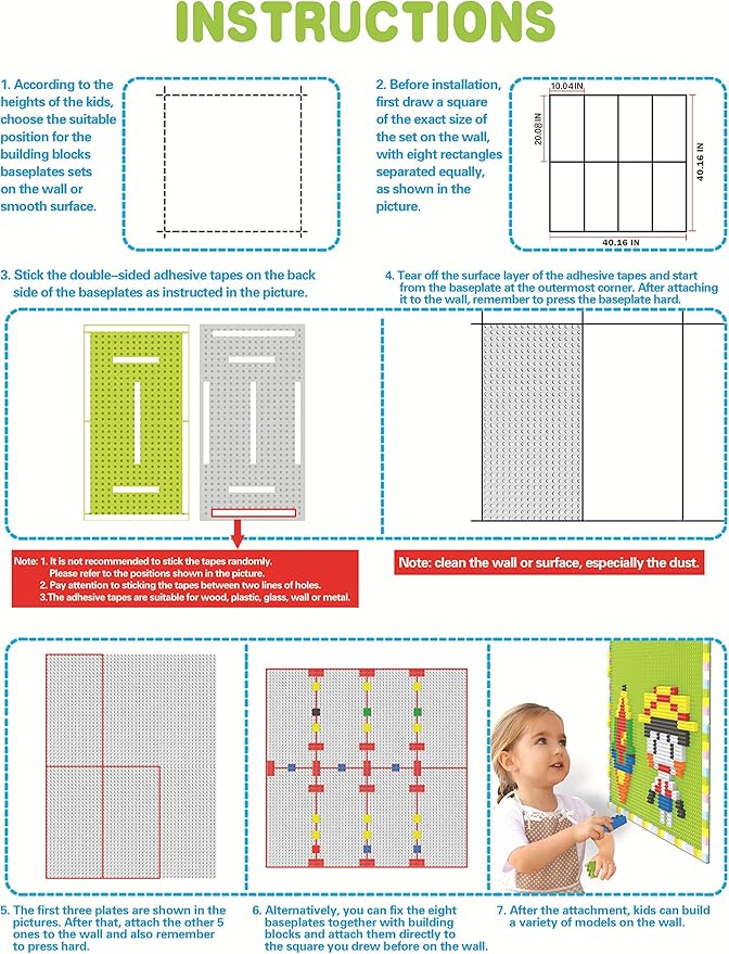 Build On Wall or Table - Customize Building Block Wall, 8 Pack (10" x 20") Self Adhesive Building Base Plate, 440 Pcs Compatible with All Major Brand Brick - Fastest Easiest DIY Fun Wall and Desk