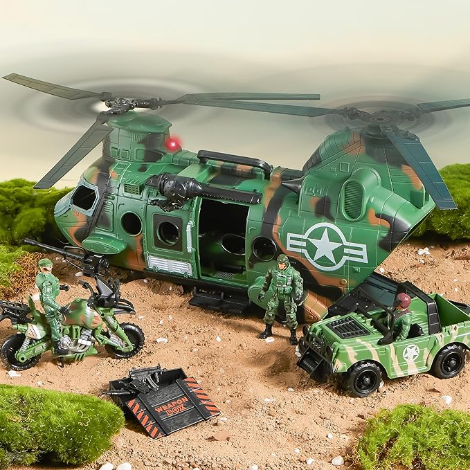 JOYIN 10-in-1 Military Helicopter Toys Set with Light, Sound, Trucks, Boat, Bike, Army Men, Weapons - Christmas Birthday Party Gifts for Kids