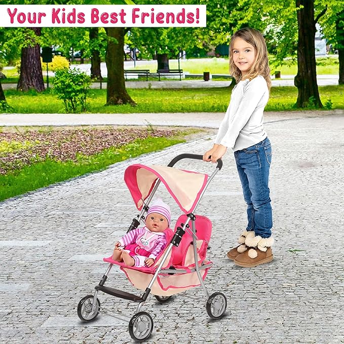 Fash n kolor, Twin Doll Double Stroller | Pink & Off-white Design Easy to Fold Double Stroller with Basket in The bottom
