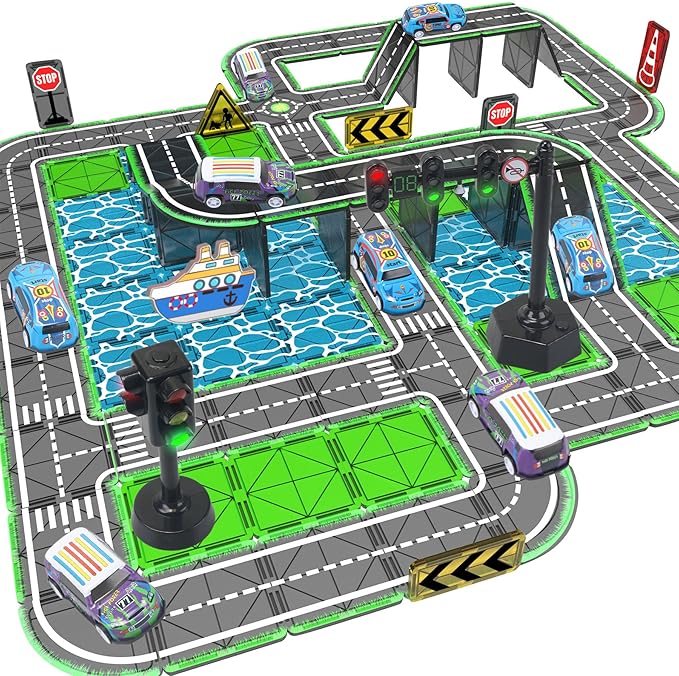 Magnetic Tiles Road Set with Pullback Car & Magnet Ship,Traffic Themed Magnetic Building Tiles Set with Traffic Light,STEM Magnet Tile for Kids Ages 3-5 4-8 5-7,Preschool Educational Kids Toys Gift