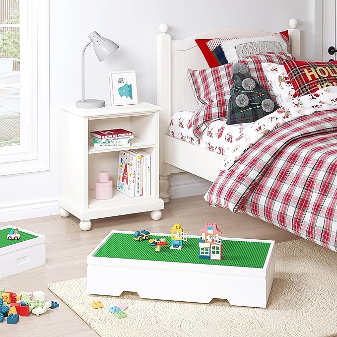 UTEX 3 in 1 Construction Play Table Compatible with Lego, Rolling Kids Activity Train Table with Storage and Wheels, Reversible Top Store Under Beds or Sofas