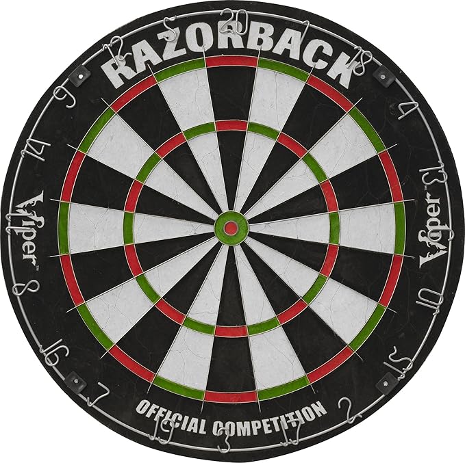 Viper Metropolitan Solid Wood Cabinet & Sisal/Bristle Dartboard Play-Ready Bundle: Elite Set (Razorback Dartboard, Darts and Laser Throw Line), Mahogany Finish