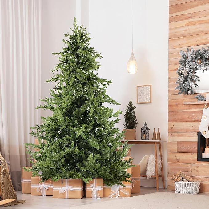 Fraser Hill Farm 7.5-Ft. Woodside Pine Artificial Christmas Tree with Stand and No Lights, Unlit Foldable Fake Christmas Tree with Realistic Foliage for Home Decoration