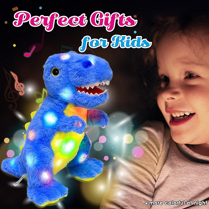 Cuteoy Blue Dinosaur LED Musical Stuffed Animal Light-up Singing Plush T-Rex Adjustable Volume Lullaby Plushies Birthday Christmas Toy Gifts for Kids Toddler Girls, 12"