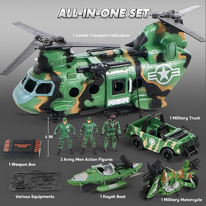 JOYIN 10-in-1 Military Helicopter Toys Set with Light, Sound, Trucks, Boat, Bike, Army Men, Weapons - Christmas Birthday Party Gifts for Kids