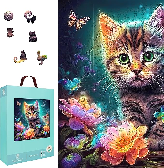 Wooden Puzzles, Kitten in Dream Wooden Jigsaw Puzzles 500 Piece, Unique Luxurious Shaped Wood Puzzle for Adults and Kids, Best Gift for Birthday 11.2 x 11.2 Inch