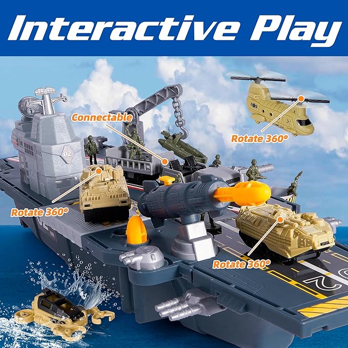 Military Aircraft Carrier Toys, Army Toys with 10 Vehicles, Fighter Jet Helicopter Tanks and Army Men Action Figures Toy for Kids Boys Girls