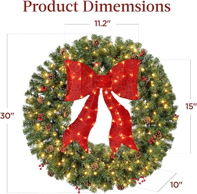 Best Choice Products 30in Pre-Lit Christmas Wreath w/Berries & Pinecones, Large Artificial Indoor/Outdoor Decor for Door, Mantel w/Red Bow, Plug-in