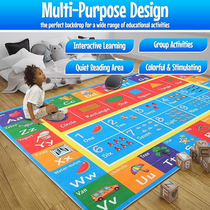 Hudson Comfort Classroom Rug 8x10 - Rugs for Elementary, Daycare, Nursery, and Playroom - Super Soft Non-Slip Carpet - Kids Fun Floor Mat for Playtime (Alphabet)