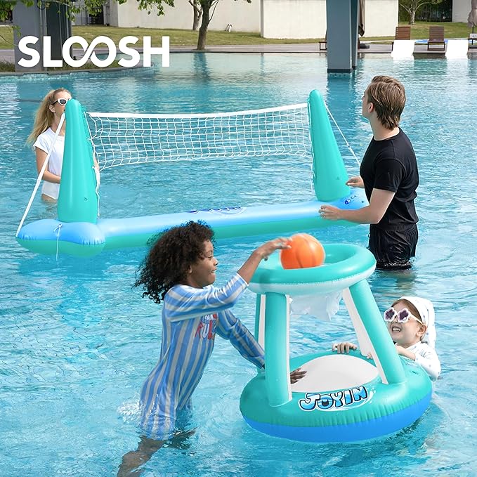 JOYIN Inflatable Pool Float Set Volleyball Net & Basketball Hoops, Floating Swimming Game Toy for Kids and Adults, Summer Floaties, Volleyball Court (105”x28”x35”)|Basketball (27”x23”x27”),L-Blue