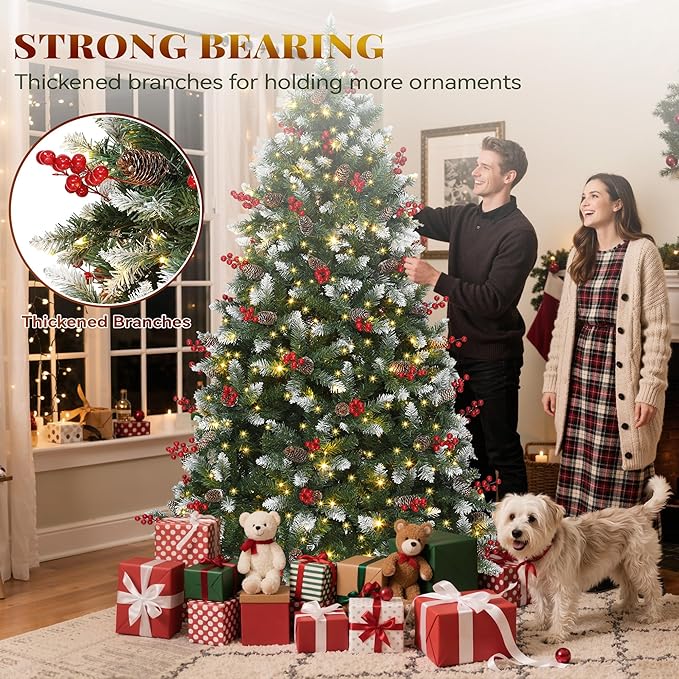 YITAHOME 7.5FT Prelit Christmas Tree with Remote, Artificial Hinged Pre-Decorated Christmas Tree with 82 Pine Cones & 82 Red Berries, Xmas Tree with 1398 Frosted Tips, 550 Lights