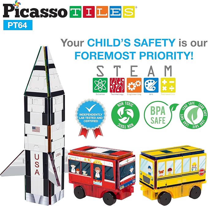 PicassoTiles Magnet Building Blocks STEM Learning Construction Toy Set Early Education Kit 3-in-1 Rocket, School Bus, Train Theme Stick-On Puzzle Pretend Play Magnetic Tiles Kids Building Block Toys