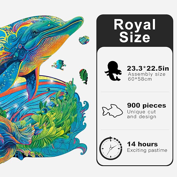 Wooden Puzzles, Dolphin Jigsaw Puzzles 900 Pieces, Unique Shaped Wooden Puzzles for Adults and Kids, Family Game 23.3x22.5 Inch