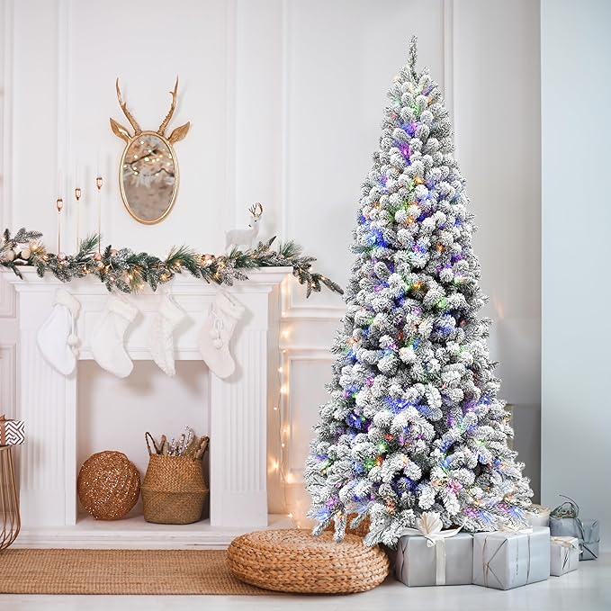 Fraser Hill Farm 9-Ft. Alaskan Pine Flocked Artificial Christmas Tree with Dual Multicolor & Warm White LED Lights and Stand, Prelit Foldable Fake Tree with Realistic Snowy Foliage for Home Decor