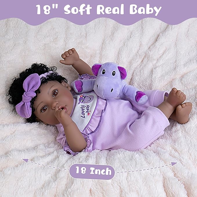 Reborn Baby Doll, 18-Inch Lifelike Baby Dolls American African Baby Girl Soft Cloth Body Newborn Baby Dolls with Clothes and Toy Accessories Birthday Gift for Kids Age 3+