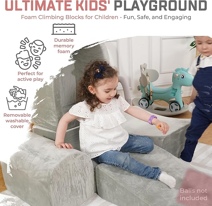 Foam Climbing Blocks for Toddlers 1-3 - Climb and Crawl Activity Playset - Indoor Activity Play Structure for Toddlers - Foam Soft Play Set for Babies - 5 PCS - Balls NOT Included - Gray