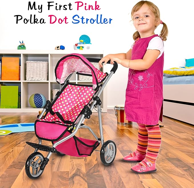 Fash N Kolor - Baby Doll Stroller with Adjustable Canopy & Toy Storage Basket - Foldable Baby Stroller for Pretend Play - Denim Pink,