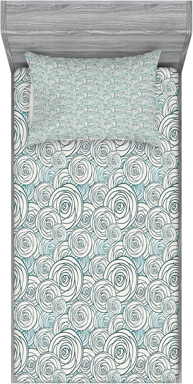 Ambesonne Rose Fitted Sheet & Pillow Sham Set, Doodle Style Outlines of Rose Blossoms Spring Nature Inspired Artwork, Decorative Printed 2 Piece Bedding Decor Set, Twin, Dark Teal Teal and Cream