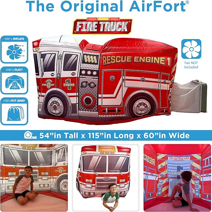 The Original Patented AirFort - Build A Fort in 30 Seconds, Inflatable Fort for Kids, Play Tent for 3-12 Years, A Playhouse Where Imagination Runs Wild, Fan not Included (Firetruck)