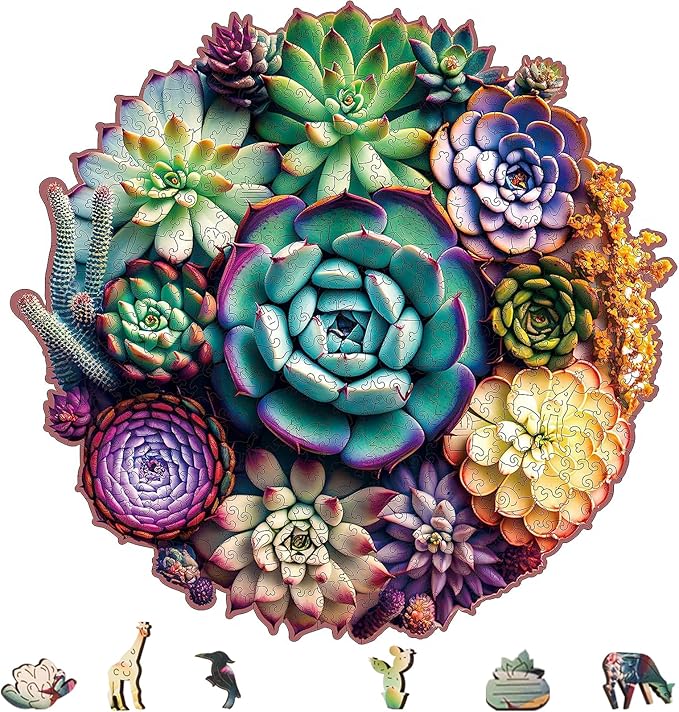 delobi Mandala Succulent Wooden Puzzles, 200 Pieces Jigsaw Puzzles 11.3'' x10.9'', Unique Design Liberty Wooden Puzzles for Adults and Kids, Family Game Gift Medium Size