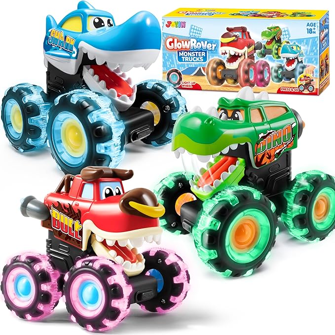 JOYIN 3 Pack Monster Truck Toy - Motion Activated Light-Up Cars for Toddlers - Monster Treads Lightning Wheels - Baby Toy Present - Press & Go Cars for Boys Girls Birthday Gifts Easter Basket Stuffer