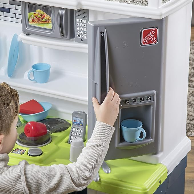 Step2 Lifestyle Custom Kids Kitchen Playset, Indoor/Outdoor Kitchenette, Interactive Play with Lights and Sounds, Made of Durable Plastic, 20 Piece Toy Accessories, Toddlers 2+ Years Old, Blue