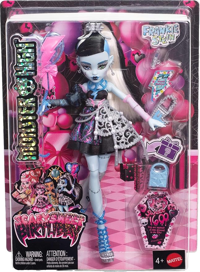 Monster High Scary Sweet Birthday Doll, Frankie Stein in Black Party Dress with Themed Accessories Like Invite, Balloon, Toy, Lipstick and More