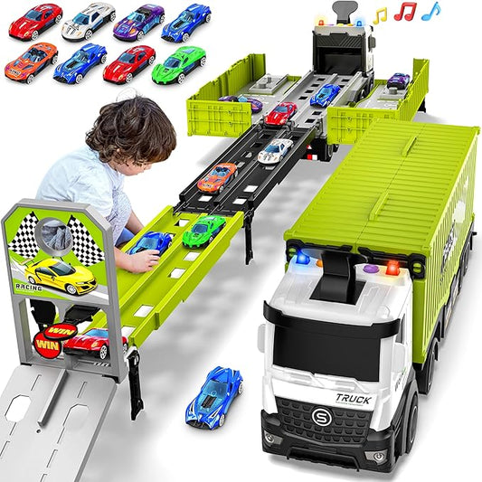 Carrier Truck Race Track Boys Toys, Foldable 3 Layer Toddler Track Playset, Toy Truck Transport Car Carrier & 8 Race Cars, Truck Car Kids Toys for Age 3 4 5 6+ Years Old Boys Girls