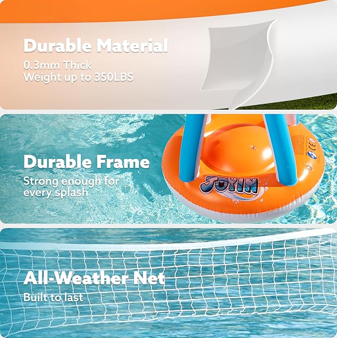 JOYIN XL Inflatable Pool Float Set, 125'' Volleyball Net & Basketball Hoops, Extra Large Floating Swimming Game Toy for Kids and Adults, Summer Floaties, Volleyball Court|Basketball, XL-Orange