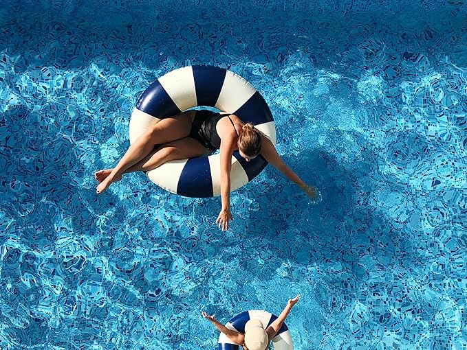 Petites-Pommes Tire Inner Tube for Adults - Durable Swim Ring, Handprinted Classic Striped Design Round Pool Floats, Soft Comfort Seaming, Packable Floats for Travel, Dark Blue, 47 inch