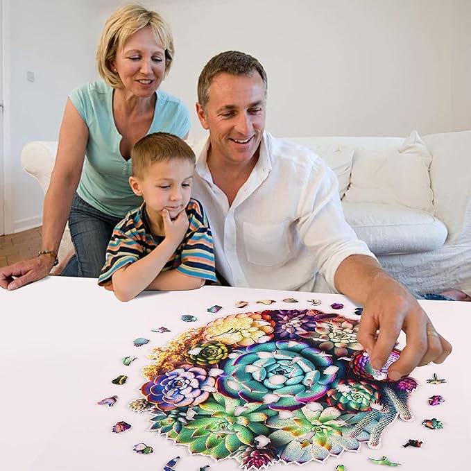 Unique Wooden Jigsaw Puzzles - Mandala Succulent Plants, 500 Pcs King Size 16.9'' x 16.3'', Luxurious Shaped Wood Puzzle, Beautiful Package, Best Gift for Adults and Kids, Family Game