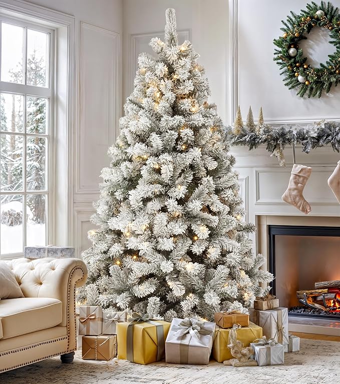 DWVO 6 ft Prelit Snow-Flocked Artificial Pine Christmas Tree, Full Xmas Tree with 250 Lights, 11 Lighting Modes, 1000 Tips, Foldable Base for Home and Party Decor with Remote Control