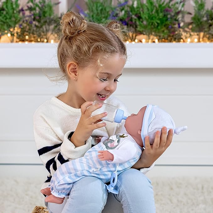 15" Realistic Soft Body Baby Doll with Open/Close Eyes | JC Toys - Berenguer Boutique | 10 Piece Gift Set with Bottle, Rattle, Pacifier & Accessories | Blue | Ages 2+
