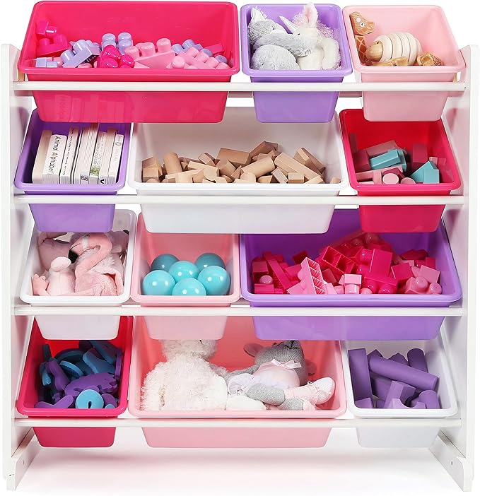 Humble Crew Kids' Toy Storage Organizer with 12 Plastic Bins, Pink&Purple, White/Purple/Pink