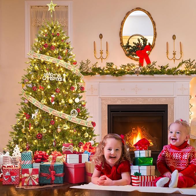 6FT Christmas Tree, Artificial Christmas Trees with 200 Lights, Prelit Christmas Tree with 8 Modes Lights, Foldable Stand, On/Off Foot Pedal, Holiday Decoration