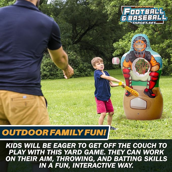 Inflatable Double-Sided Baseball & Football Target Set - Blow Up Toy with Soft Football, Baseball & Inflatable Bat - Fun Toss Games for Indoor, Outdoor, Backyard & Party Favor - 5 Feet