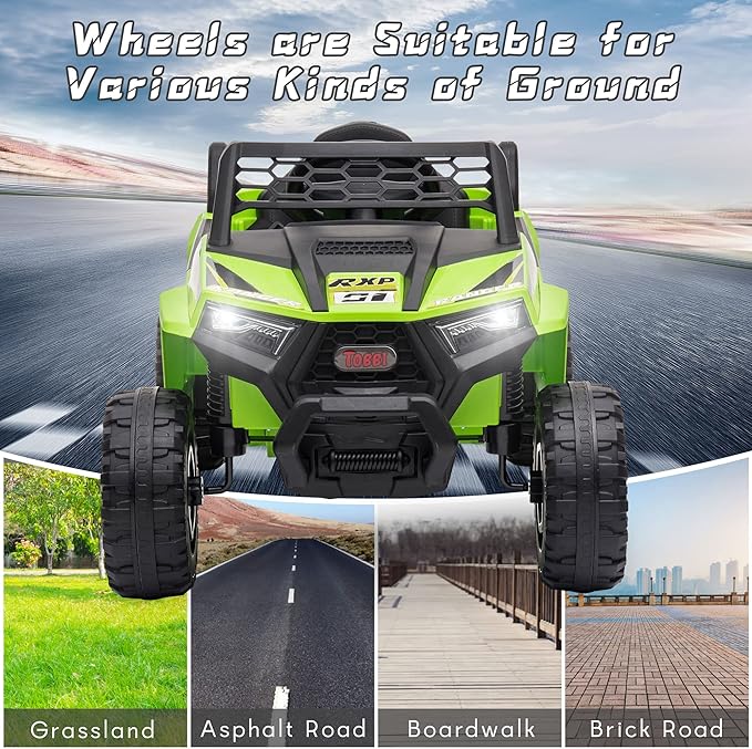 TOBBI 12V Kids Ride on Car, Electric Off-Road UTV Truck with Forward and Reverse Functions, Double Open Doors, Safety Belt, Horn, Music, and Lights for Kids Aged 3-5 Years (Fluorescent Green)