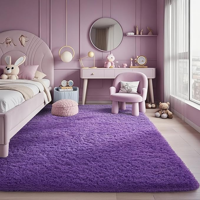Ophanie Purple Rugs for Bedroom Living Room, Fluffy Fuzzy Furry Carpet, Plush Soft Shaggy Bedside Indoor Floor 4x6 Area Rug for Kids Girls Boys Baby Teen Dorm Nursery Home Decor Aesthetic
