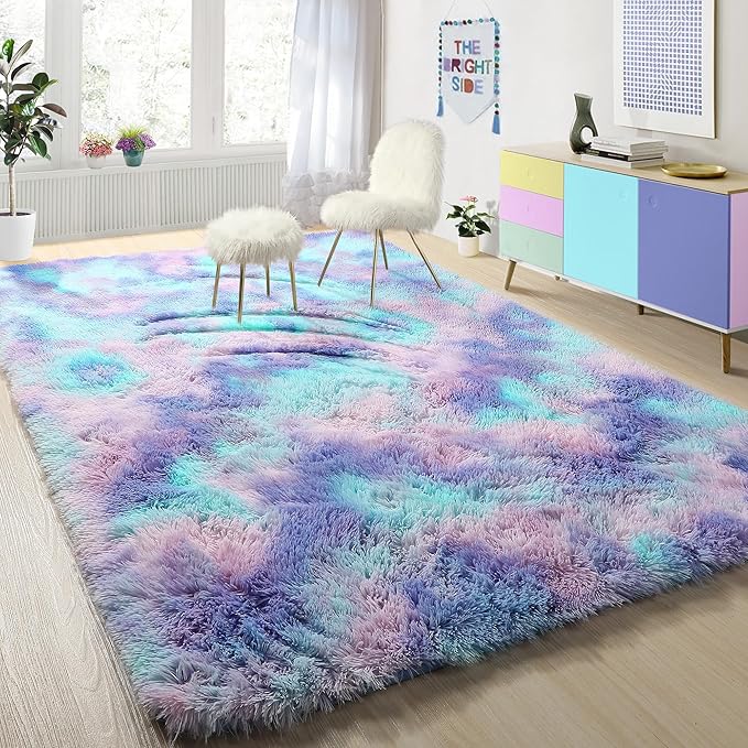 PAGISOFE Soft Purple Rainbow Rugs for Living Room, Fluffy 5x7 Area Rug, PlushCute Kawaii Rug for Bedroom Kids Room Baby Nursery, Girls Room Decor Mermaid Rugs Fuzzy Fur Pastel Carpet, Cozy Cloud Rug