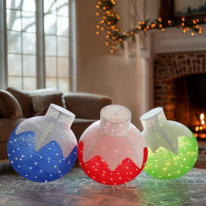 36 Inch Pop-Up Christmas Ball with 90 LED Lights for Outdoor Xmas Decor, 3-Piece Pre-Lit Iridescent Christmas Ball Ornaments Decor with Base, Outdoor 3D Glittered Standing Holiday Display