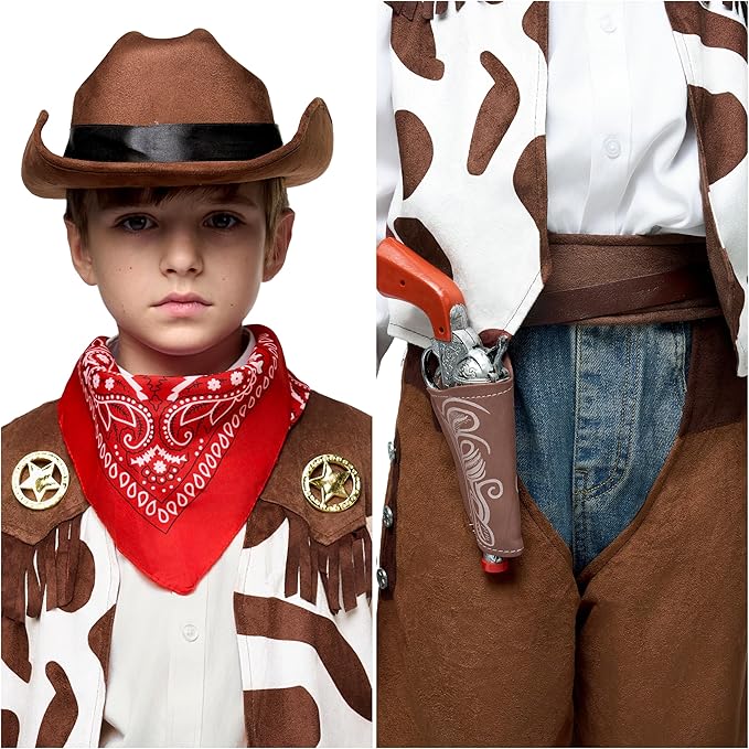Spooktacular Creations Halloween Cowboy Costume for Boys, Kids White Brown Western Costume, Deluxe Cowboy Outfit Set with Hat for Toddler Halloween Dress-up, RolePlay Themed Party (3T, 3-4 yrs)