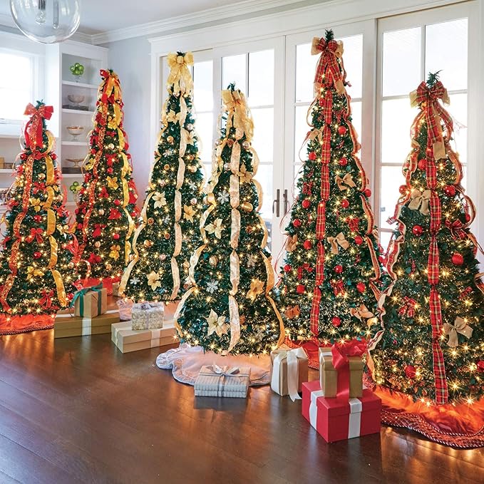 BrylaneHome 7.5 Ft Fully Decorated Pre-Lit Pop-Up Christmas Tree with 450 Warm Lights & Included Stand, Collapsible, Easy Assembly - Multi Color Lights