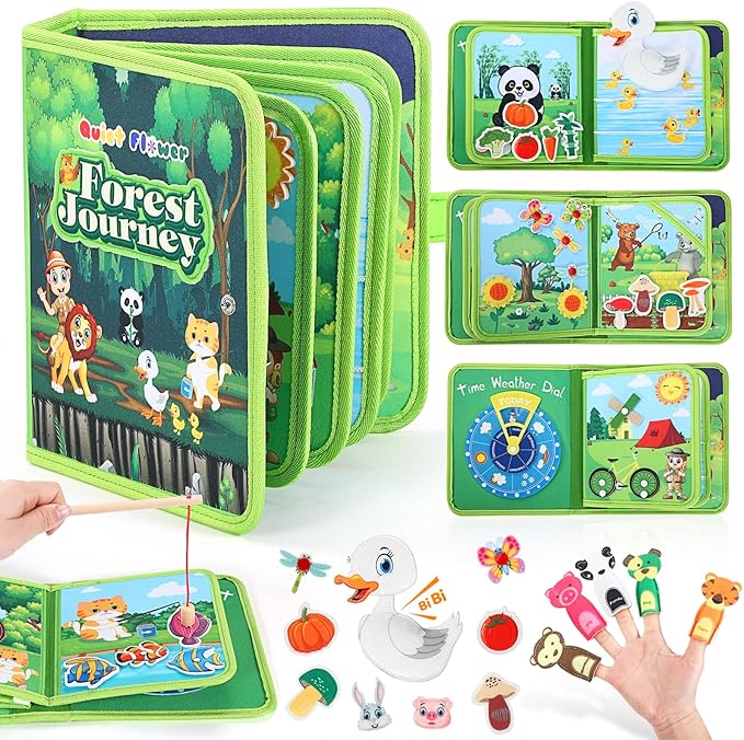 Busy Book for Toddlers 1-3,Montessori Plane Toys Busy Board for 1 Year Old with Fishing Game Finger Puppet Motor Skill,Educational Learning Quiet Activity Sensory Book, 1 2 3 4 Boy Girl Birthday Gift