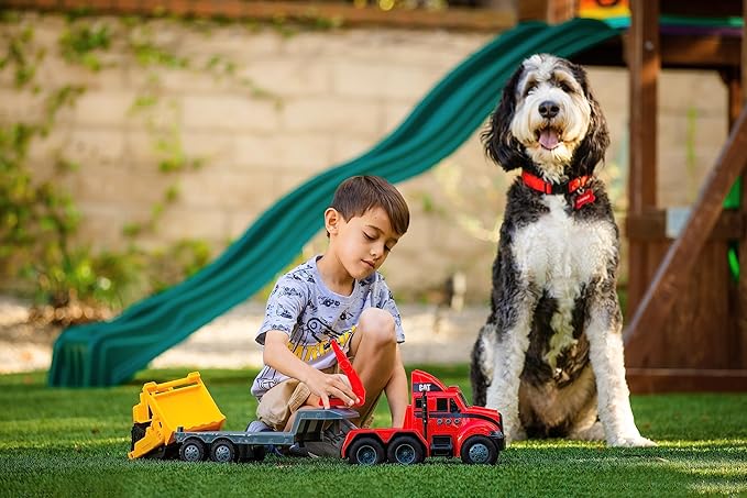 CAT Construction Toys, Heavy Movers, Semi Firetruck and Trailer with Bulldozer, Lights & Sounds, Ages 3 and up