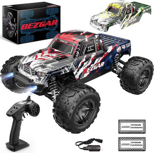 BEZGAR HM161 Hobby Grade 1:16 Scale Remote Control Truck, 4WD High Speed 40+ Kmh All Terrains Electric Toy Off Road RC Vehicle Car Crawler with 2 Rechargeable Batteries for Boys Kids and Adults